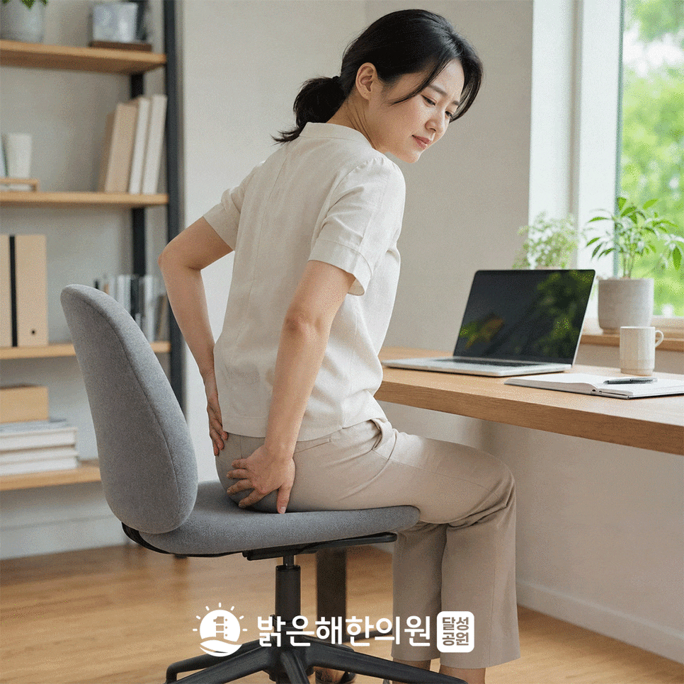 책상 의자에 오래 앉아 허리 아래와 꼬리뼈 부위를 짚는 여성